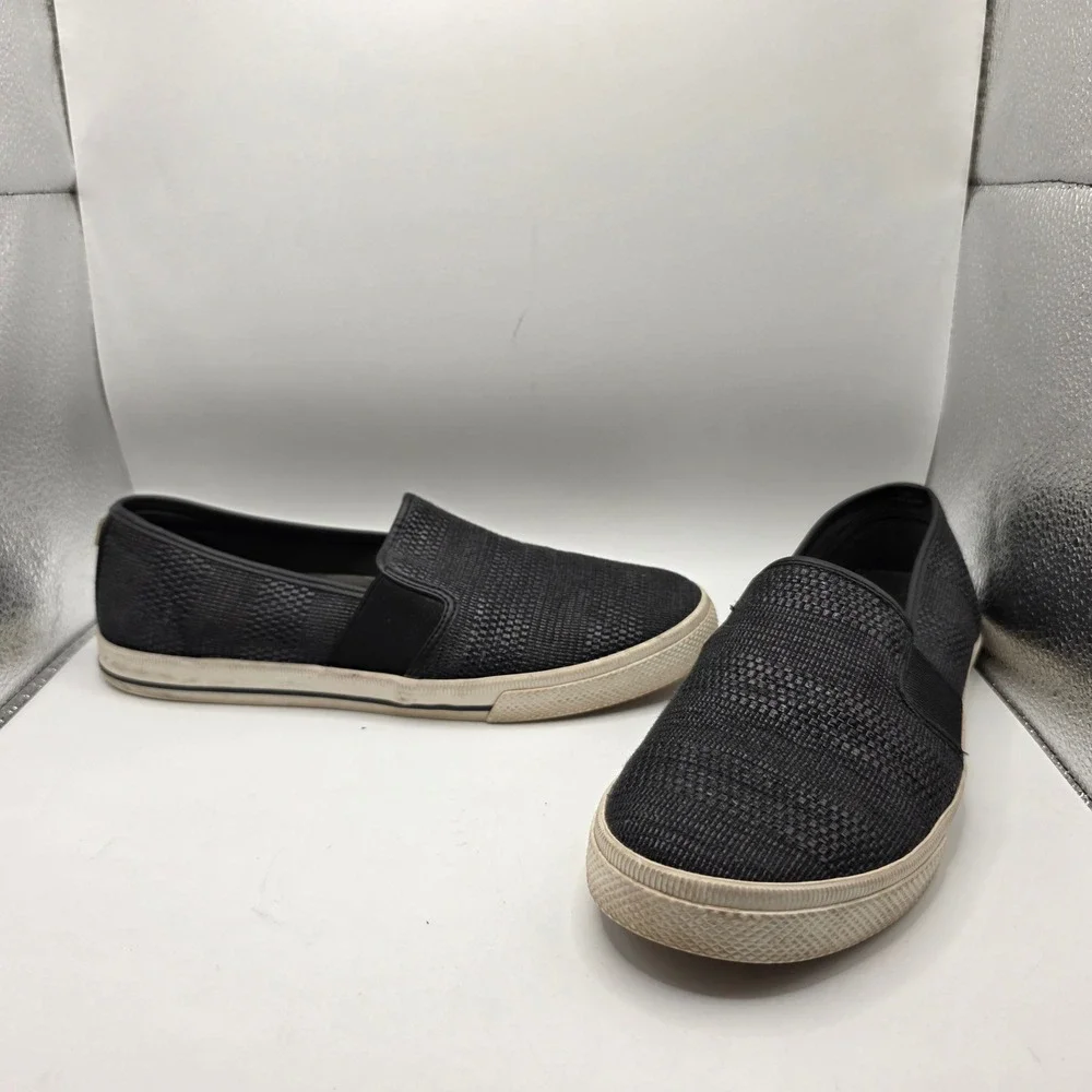 Lauren Ralph Lauren Jinny Black Woven Slip On Sneakers Womens 9B Gold Logo Flat